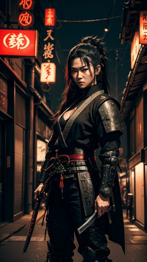 a close up of a person holding a katana in a city, very beautiful cyberpunk samurai, cyberpunk samurai, neon samurai, samurai je...