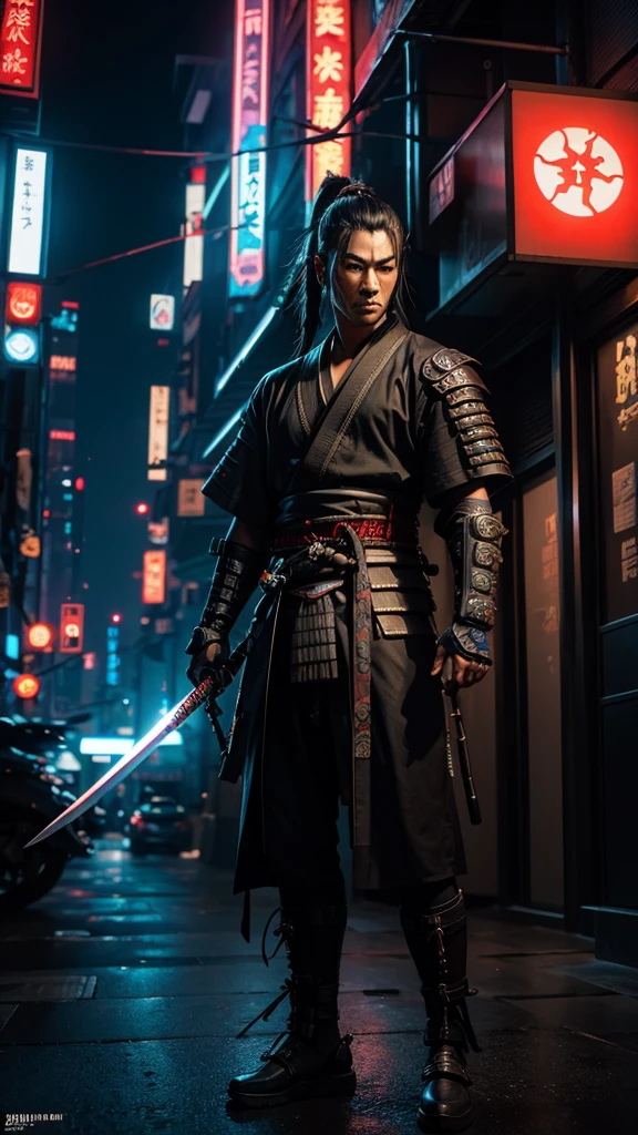 a close up of a person holding a katana in a city, very beautiful cyberpunk samurai, cyberpunk samurai, neon samurai, samurai jedi, full body of a cyberpunk samurai, [ trending on cgsociety ]!!, sith lord. dramatic lighting, trending on artstation.', andreas rocha style, urban samurai, cyborg samurai, inspired by Kanō Hōgai, posed