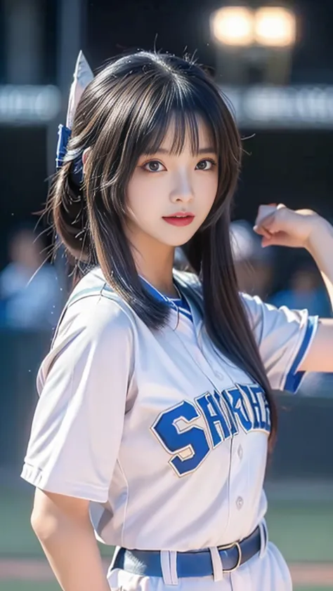 a close up of a woman in a baseball uniform with a bat, very beautiful girl, cute beautiful, beautiful anime girl, beautiful ani...