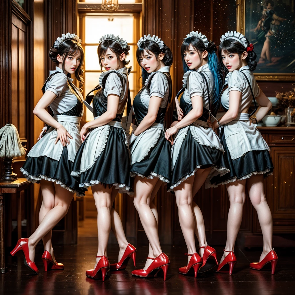 (Full Body of Extremely Detailed((12 Sexy Maid Group:1.4))), KAWAII perfect face, Reflective Eyes, Detailed(Delicate Clothing textures), Correct Stretchy graceful legs, Dynamic Joyful Expressions LifeLike Rendering, Specular Reflection, TopQuality 8K Ultra-detailed masterpiece (ProfessionalPhoto:1.37), (Acutance:0.8), (Luminism:1.28), Renaissance art style, (Colorful Light particles), ((Full body from side)) {Kissing Face to Face|Cute Peach AssFocus|(NakedApron with Overflowing SideBoob)}, Radiant Fine Skin with Transparency, (Exposed:0.4) {Pink Hair|LightBlue Hair|Pure White Hair|Blonde|Liquid Hair|Red Shoes}, Perfect Lighting, {(Couch:0.6)|(Counter Table:0.8)}