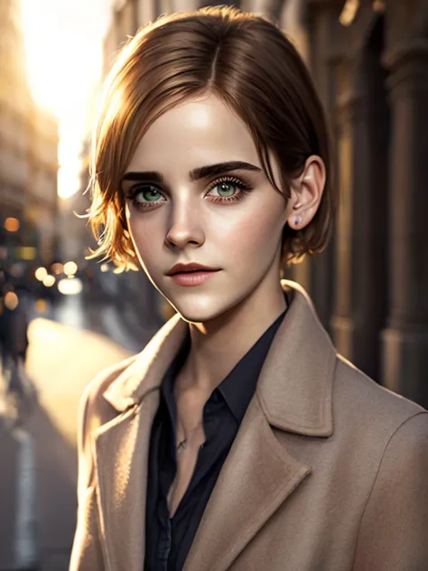 (work of art, best qualityer:1.3),face of emma watson beautiful woman with short hair, urban landscape, morning, quiet and peace...