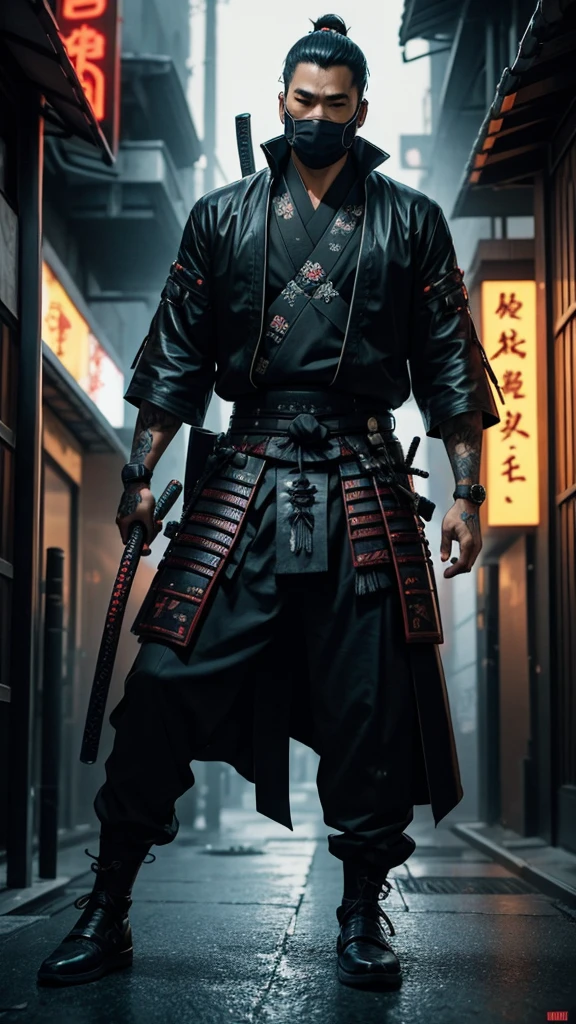 a close up of a man holding a katana in a city, very beautiful cyberpunk samurai, cyberpunk samurai, neon samurai, samurai jedi, full body of a cyberpunk samurai, samurai posed, [ trending on cgsociety ]!!, sith lord. dramatic lighting, trending on artstation.', andreas rocha style, urban samurai, cyborg samurai, inspired by Kanō Hōgai,