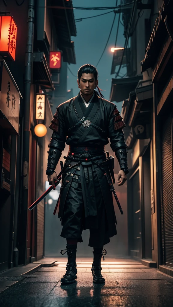 a close up of a man holding a katana in a city, very beautiful cyberpunk samurai, cyberpunk samurai, neon samurai, samurai jedi, full body of a cyberpunk samurai, samurai posed, [ trending on cgsociety ]!!, sith lord. dramatic lighting, trending on artstation.', andreas rocha style, urban samurai, cyborg samurai, inspired by Kanō Hōgai,