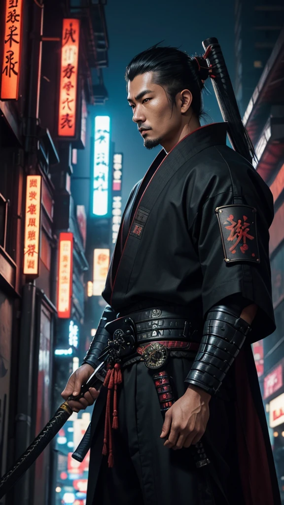 a close up of a man holding a katana in a city, very beautiful cyberpunk samurai, cyberpunk samurai, neon samurai, samurai jedi, full body of a cyberpunk samurai, samurai posed, [ trending on cgsociety ]!!, sith lord. dramatic lighting, trending on artstation.', andreas rocha style, urban samurai, cyborg samurai, inspired by Kanō Hōgai,