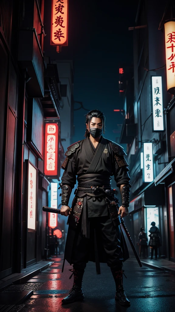 a close up of a man holding a katana in a city, very beautiful cyberpunk samurai, cyberpunk samurai, neon samurai, samurai jedi, full body of a cyberpunk samurai, samurai posed, Samurai warrior style, [ trending on cgsociety ]!!, sith lord. dramatic lighting, trending on artstation.', andreas rocha style, urban samurai, cyborg samurai, inspired by Kanō Hōgai,