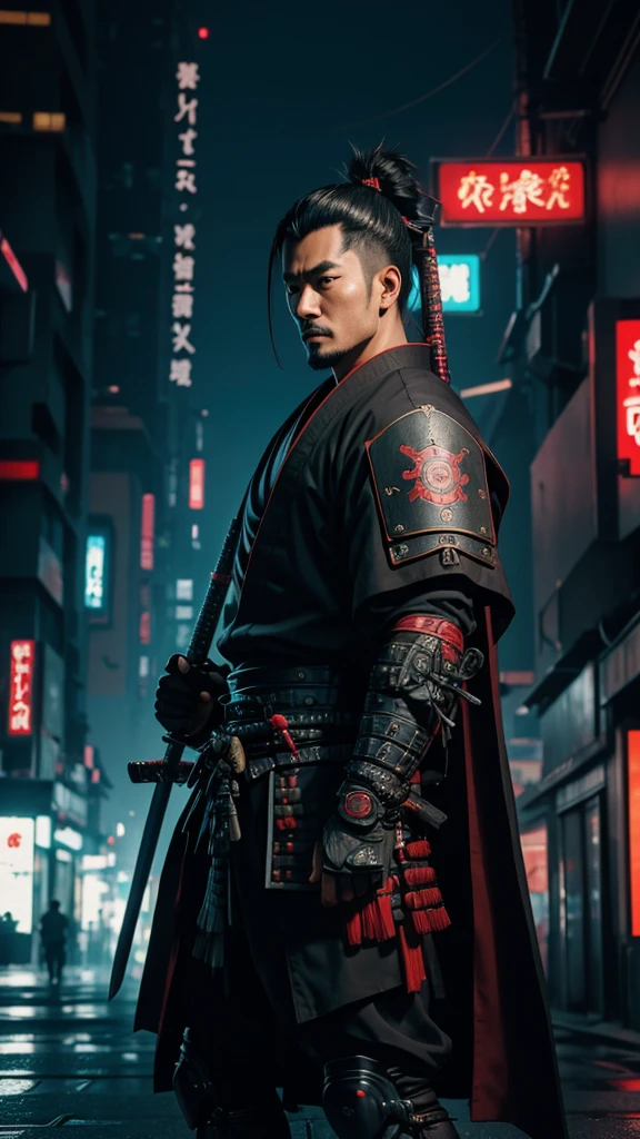 a close up of a man holding a katana in a city, very beautiful cyberpunk samurai, cyberpunk samurai, neon samurai, samurai jedi, full body of a cyberpunk samurai, samurai posed, Samurai warrior style, [ trending on cgsociety ]!!, sith lord. dramatic lighting, trending on artstation.', andreas rocha style, urban samurai, cyborg samurai, inspired by Kanō Hōgai,