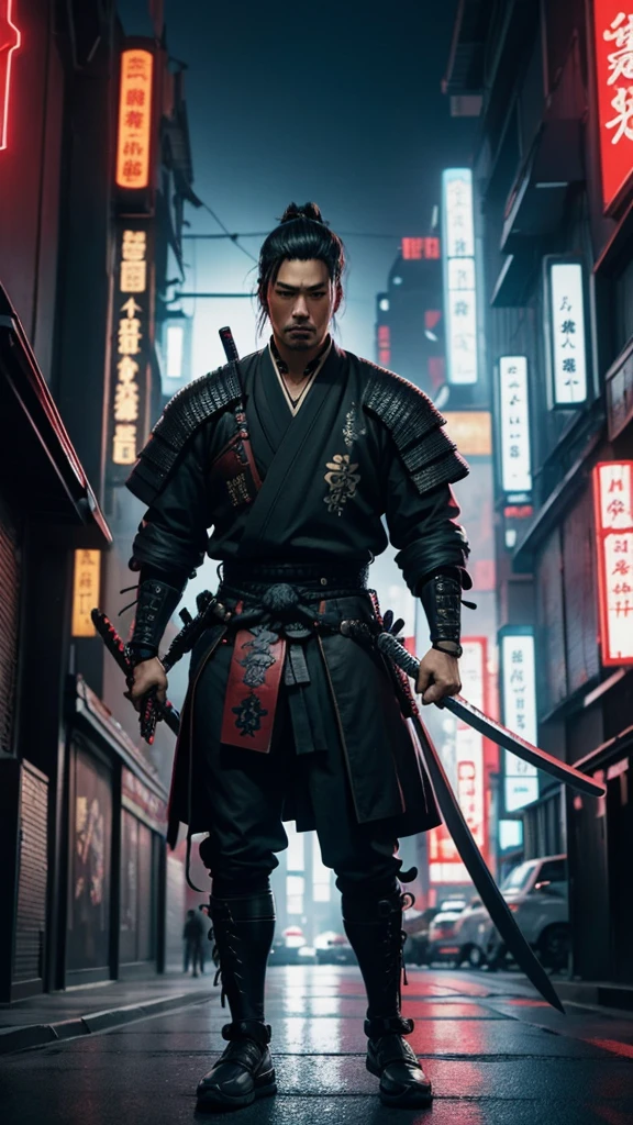 a close up of a man holding a katana in a city, very beautiful cyberpunk samurai, cyberpunk samurai, neon samurai, samurai jedi, full body of a cyberpunk samurai, samurai posed, Samurai warrior style, [ trending on cgsociety ]!!, sith lord. dramatic lighting, trending on artstation.', andreas rocha style, urban samurai, cyborg samurai, inspired by Kanō Hōgai,