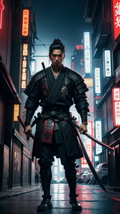 a close up of a man holding a katana in a city, very beautiful cyberpunk samurai, cyberpunk samurai, neon samurai, samurai jedi,...