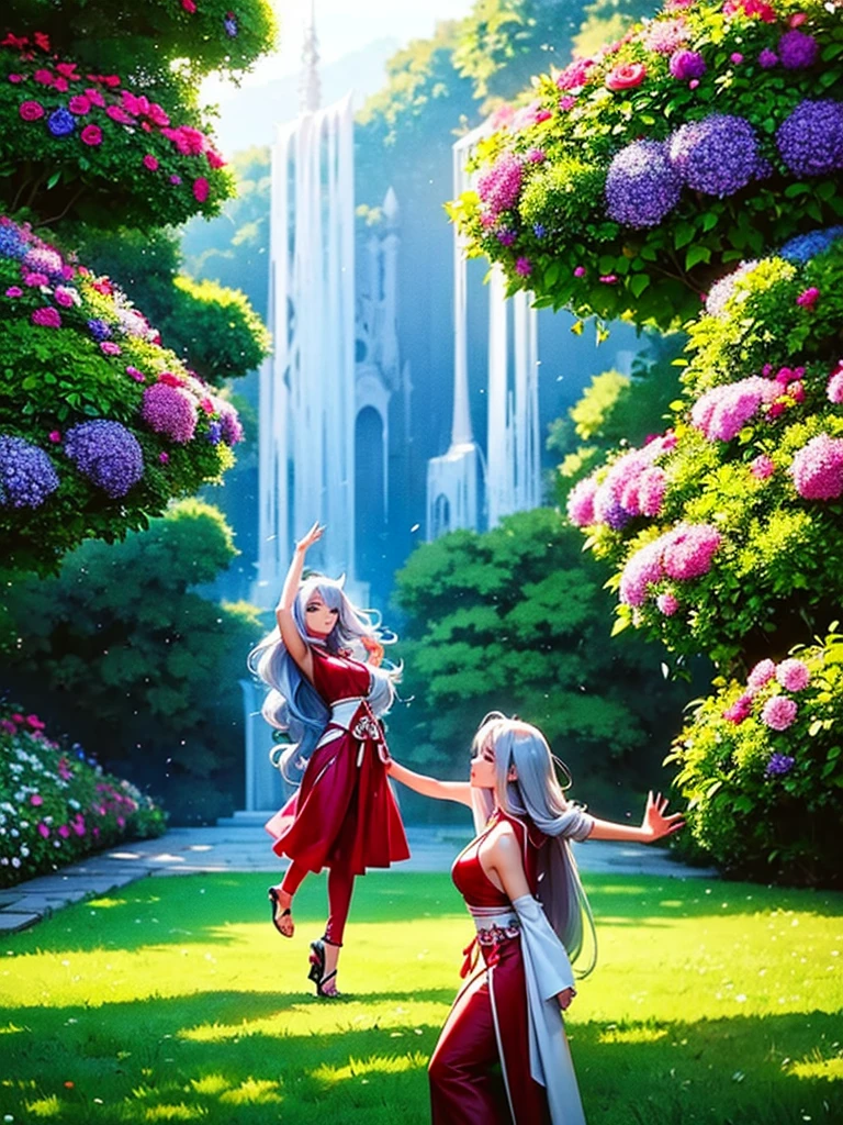 Magnificent View、Floating Island、Hanging Garden、Outdoor、Vision、anime、High definition、Miko costume、Dancing and spinning in a garden full of blooming flowers、Silver Hair（Long Hair、The top of the head is indigo blue、The ends of the hair are red.）、Jade Eyes