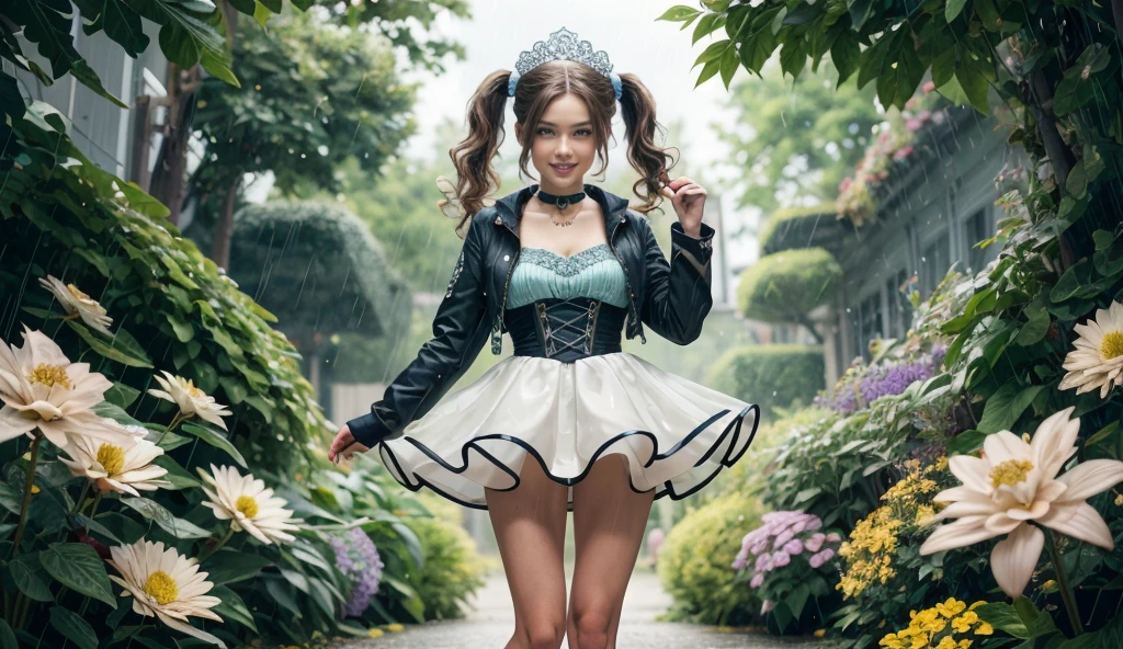 girl wearing petticoat dress, BREAK, (solo:1.4), sleeveless petticoat microskirt, strapless dress, (15yo, cute:1.4), (breasts:1.2), (jacket:1.2), detailed face, (looking at viewer:1.2), thighs, smile, short hair, majestic flower filigree headpiece, transparent fairy wings, lush flower garden, (heavy raining:1.2), dramatic lighting, realism, (best quality, highres, masterpiece:1.2), (ultra detailed:1.3), wavy hair, pigtails, asymmetrical bangs, choker, (full body:0.8),