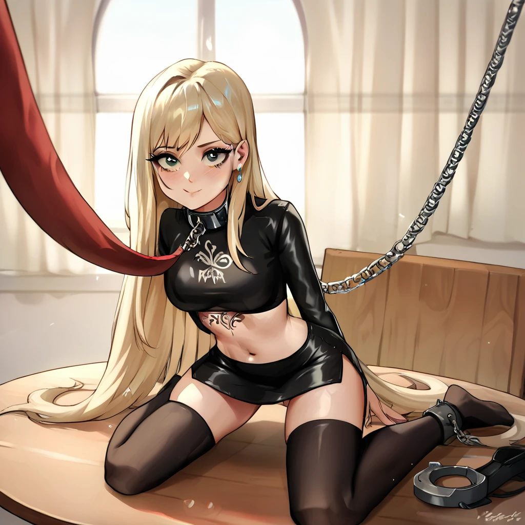 black pencil skirt, black long sleeve top, only the navel,Put your hands behind your back,restraints, blonde hair, Very long hair, straight hair, Cute, slender body, thin legs, Black thigh high stockings, Nylon stockings, hands in black leather handcuffs, hands, connected in a chain, amrs togather, masochistic, whole body, on the knees, leather handcuffs, calf tattoo, large collar around the neck, 18 years, long eyelashes, mascara, cute face, bent over, top down bottom up, arms behind back, kneeling, submissive look, lying on table, on stomach