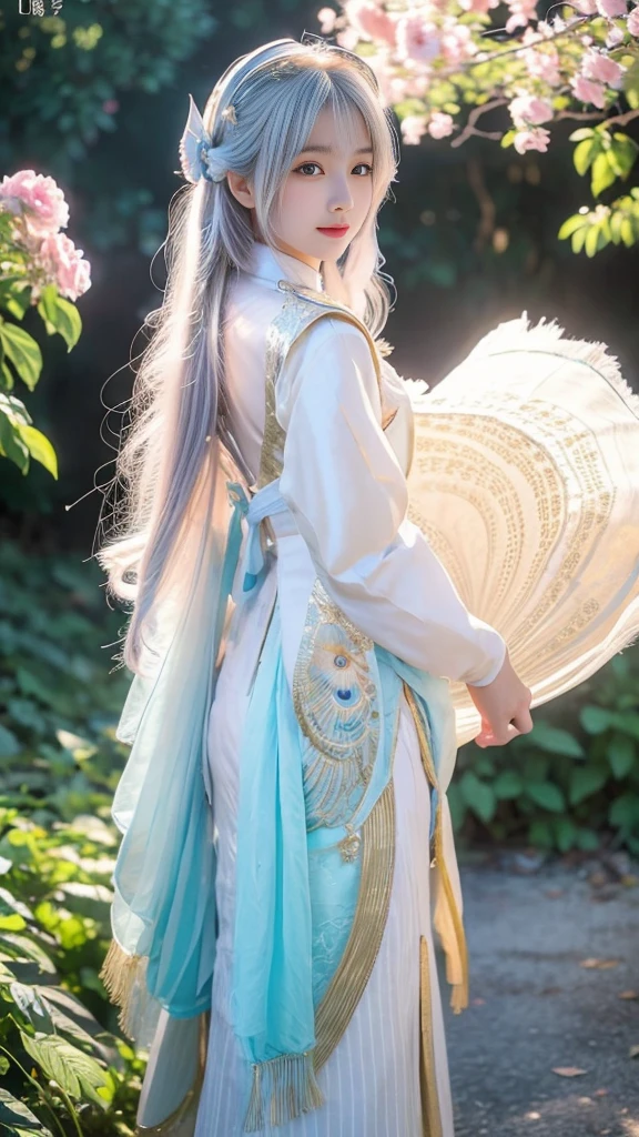 A beautiful Asian girl with smooth, rosy white skin, long colored hair, beautiful feminine outfit, behind her is a white peacock with light blue stripes and a blue and beige pattern on its