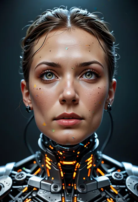 a futuristic cyborg's face fills the frame, split by a metallic-organic dichotomy. metallic half: gears whirring, wires snaking,...