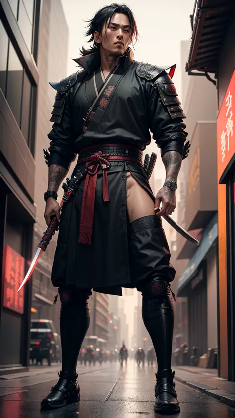 a close up of a man holding a katana in a city, very beautiful cyberpunk samurai, cyberpunk samurai, neon samurai, samurai jedi,...