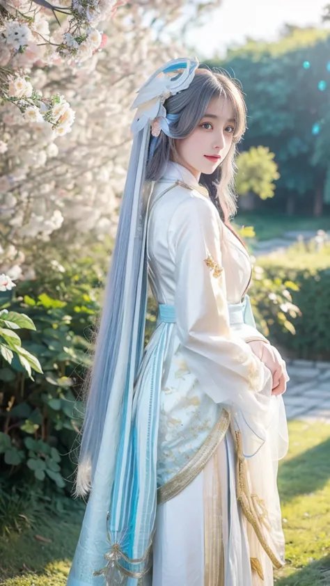 a beautiful asian girl with smooth, rosy white skin, long colored hair, beautiful feminine outfit, behind her is a white peacock...