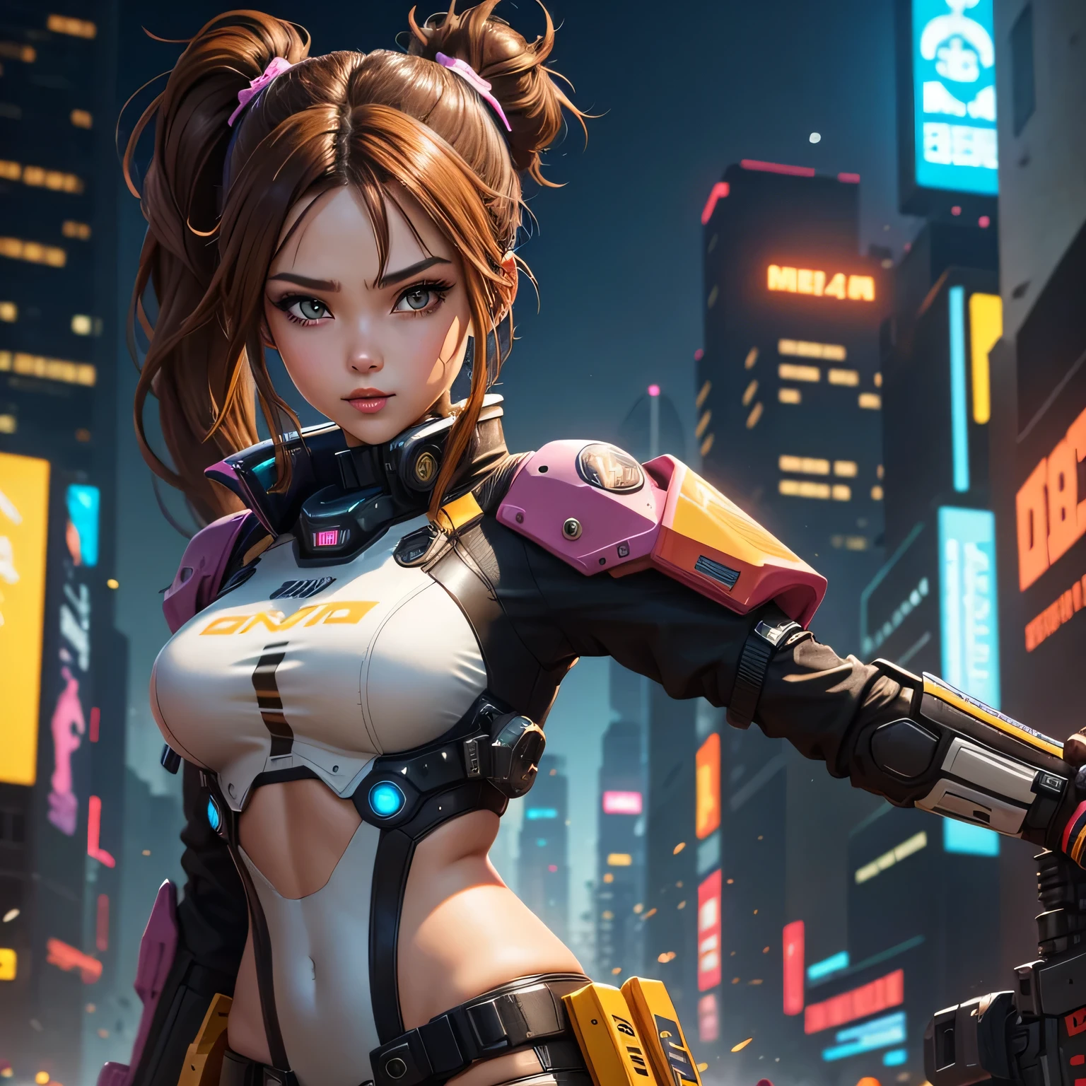 Cyberpunk Girl，Double ponytail brown hair，Cheerful，Wearing a mecha suit，Beauty，