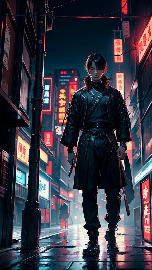 a close up of a man holding a katana in a city, very beautiful cyberpunk samurai, cyberpunk samurai, neon samurai, samurai jedi, full body of a cyberpunk samurai, samurai posed, Samurai warrior style, [ trending on cgsociety ]!!, sith lord. dramatic lighting, trending on artstation.', andreas rocha style, urban samurai, cyborg samurai, inspired by Kanō Hōgai,