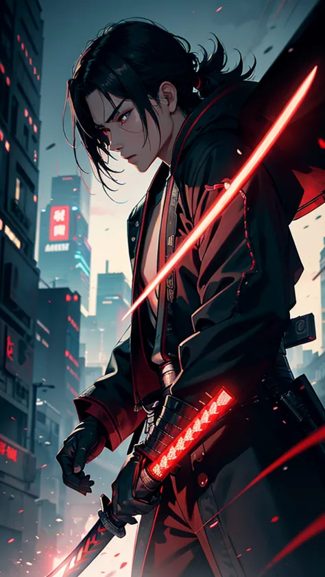 a close up of a man holding a katana in a city, very beautiful cyberpunk samurai, cyberpunk samurai, neon samurai, samurai jedi,...