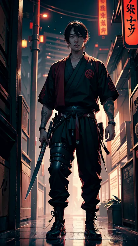 a close up of a man holding a katana in a city, very beautiful cyberpunk samurai, cyberpunk samurai, neon samurai, samurai jedi,...