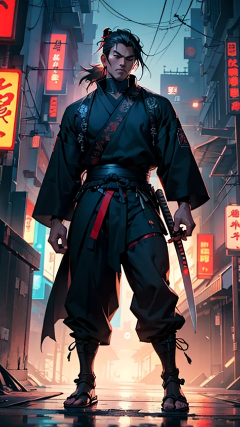 a close up of a man holding a katana in a city, very beautiful cyberpunk samurai, cyberpunk samurai, neon samurai, samurai jedi,...