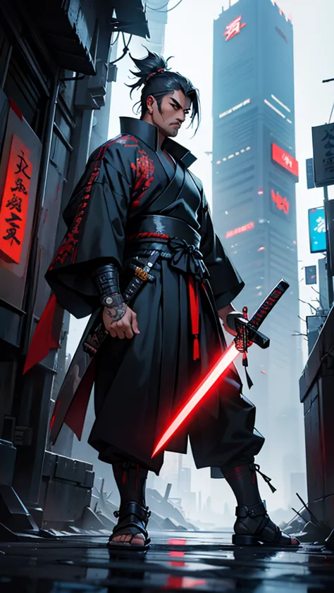 a close up of a man holding a katana in a city, very beautiful cyberpunk samurai, cyberpunk samurai, neon samurai, samurai jedi,...