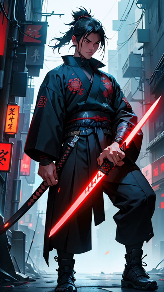 a close up of a man holding a katana in a city, very beautiful cyberpunk samurai, cyberpunk samurai, neon samurai, samurai jedi, full body of a cyberpunk samurai, samurai posed, Samurai warrior style, [ trending on cgsociety ]!!, sith lord. dramatic lighting, trending on artstation.', andreas rocha style, urban samurai, cyborg samurai, inspired by Kanō Hōgai,