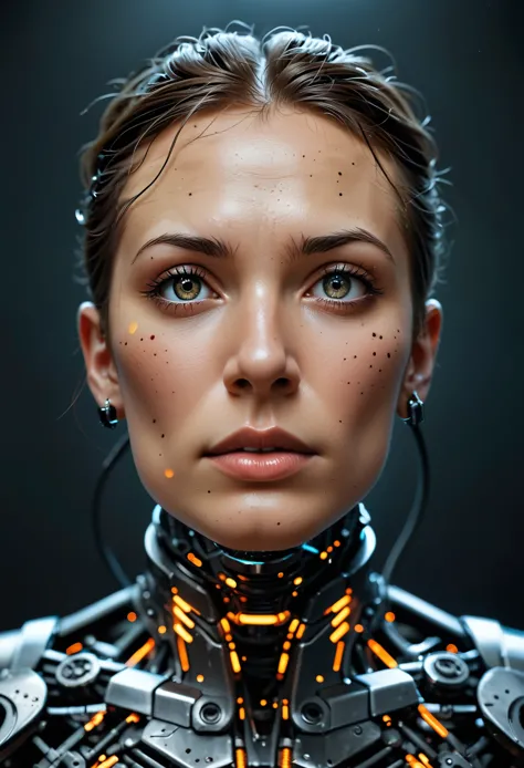 a futuristic cyborg's face fills the frame, split by a metallic-organic dichotomy. metallic half: gears whirring, wires snaking,...