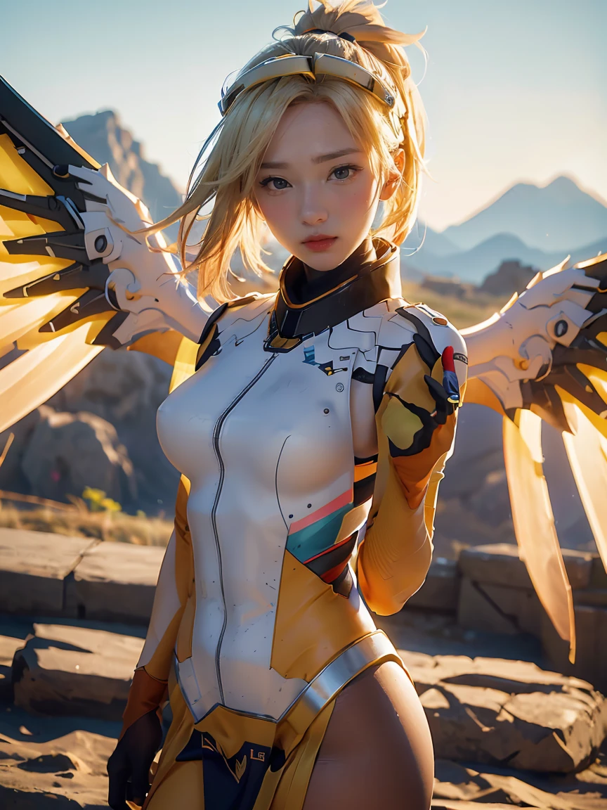 1girl, solo, mercy (overwatch), mechanical halo, breasts, blue eyes, blonde hair, pantyhose, mechanical wings, wings, halo,  holding, bodysuit,  yellow wings, brown pantyhose, lips, gloves, pelvic curtain, black gloves, big breast, full body, blue sky, green field with mountains, (realism:1.2), (masterpiece:1.2), (best quality), (ultra detailed), (8k, intricate), (85mm), light particles, lighting, (highly detailed:1.2), (detailed face:1.5), (gradients), sfw, colorful, (detailed eyes:1.2), (detailed background), (rule of third_composition:1.3), (Line of action:1.2), wide shot, daytlight, solo.