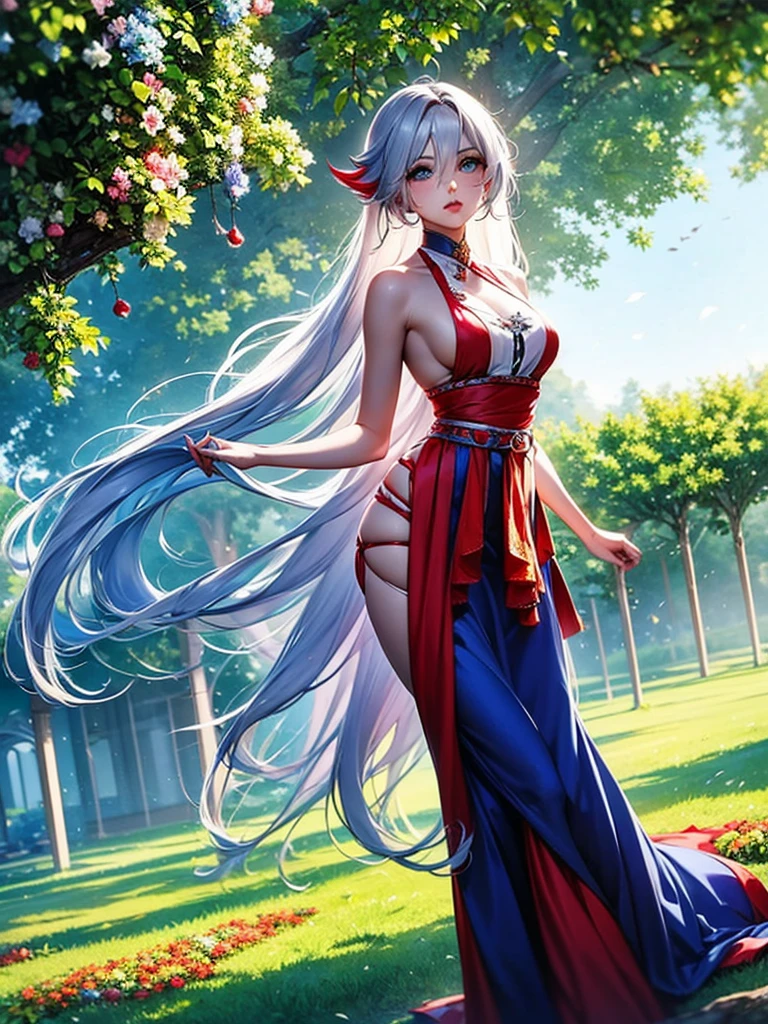 Magnificent View、Floating Island、Hanging Garden、Outdoor、Vision、anime、High definition、Miko costume、Dancing in a garden full of flowers、Silver Hair（Long Hair、The top of the head is indigo blue、The ends of the hair are red.）、Sapphire Eyes