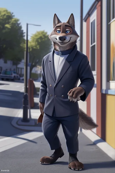 larry (zootopia), young wolf, gray fur, (brown body:1.3), beautiful blue eyes, zootopia, blazer, trousers, catholic priest,casso...