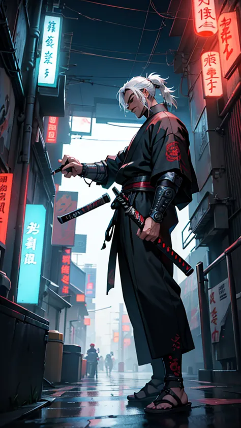 a close up of a man holding a katana in a city, very beautiful cyberpunk samurai, cyberpunk samurai, neon samurai, samurai jedi,...