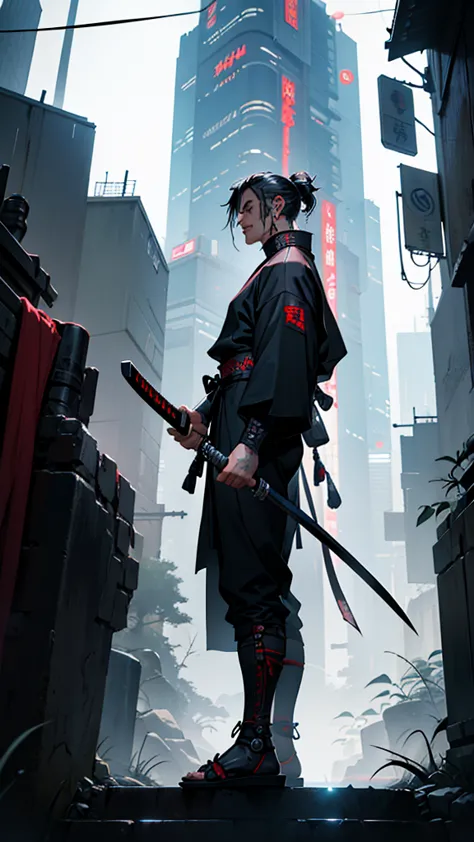 a close up of a man holding a katana in a city, very beautiful cyberpunk samurai, cyberpunk samurai, neon samurai, samurai jedi,...