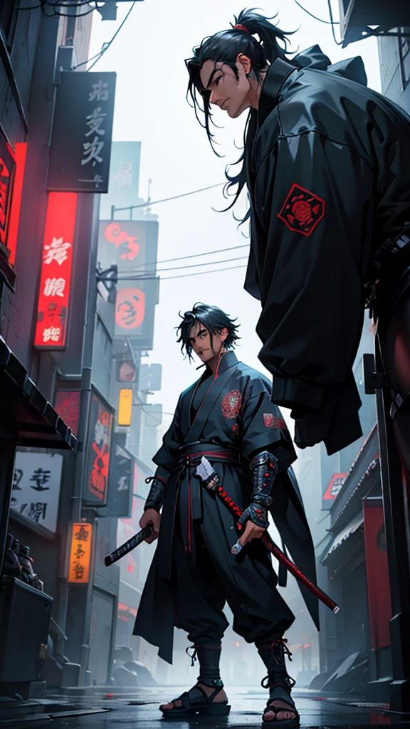 a close up of a man holding a katana in a city, very beautiful cyberpunk samurai, cyberpunk samurai, neon samurai, samurai jedi, full body of a cyberpunk samurai, samurai posed, Samurai warrior style, best angle, [ trending on cgsociety ]!!, sith lord. dramatic lighting, trending on artstation.', andreas rocha style, urban samurai, cyborg samurai, inspired by Kanō Hōgai,