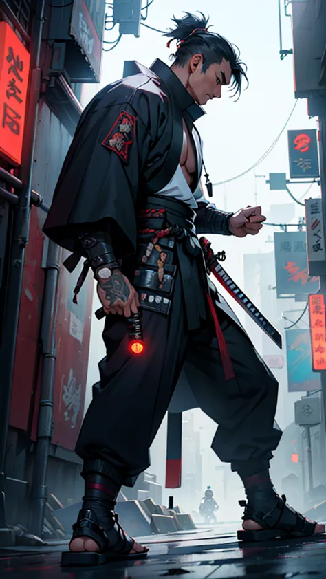 a close up of a man holding a katana in a city, very beautiful cyberpunk samurai, cyberpunk samurai, neon samurai, samurai jedi,...