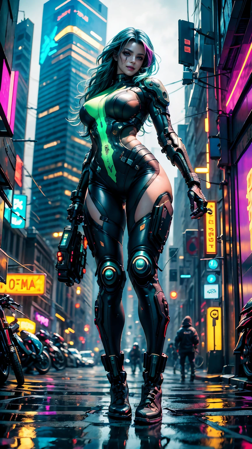 from below, low angle shot, in the heart of the cyberpunk underground streets, a young and sexy cyborg biker, with a braided Moican haircut, long luminescent green and blue hair, white skin, piercings, sexy and tight and ripped style clothes cyberpunk, green, blue, red and purple. neon lights and very dark shadows. at night, graffitied streets. She has cybernetic tattoos all over her body, sensual pose on her motorcycle, cyberpunk motorcycle. A cyberpunk 2077 style atmosphere is created, energy and neon lights, green, blue, red and purple. Good quality cybernetic eyes, face with cybernetic details, ultra detailed. masterpiece, 4k, ray tracing, full body, close-up, low angle shot, intricate details, hyperrealistic.
