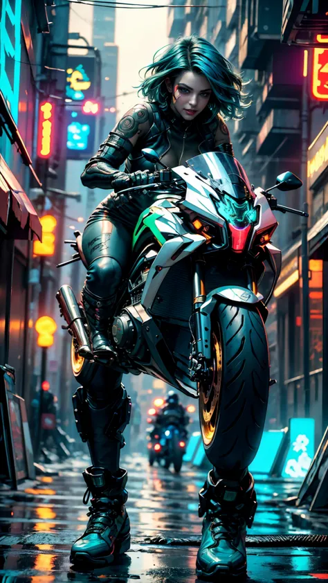 from below, low angle shot, in the heart of the cyberpunk underground streets, a young and sexy cyborg biker, with a braided moi...