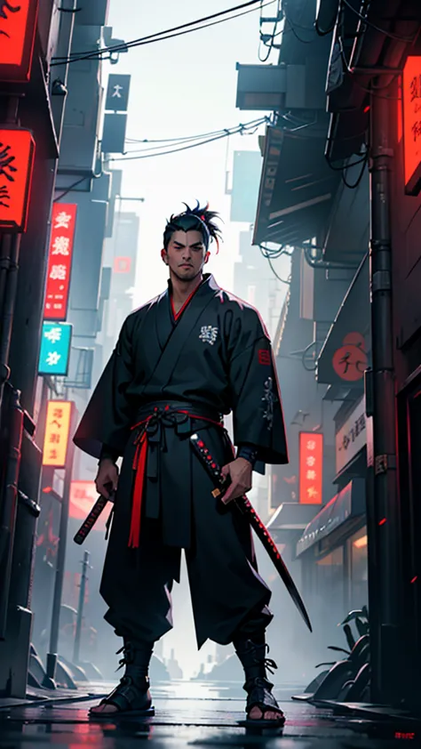 a close up of a man holding a katana in a city, very beautiful cyberpunk samurai, cyberpunk samurai, neon samurai, samurai jedi,...