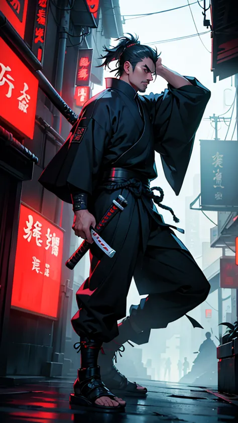 a close up of a man holding a katana in a city, very beautiful cyberpunk samurai, cyberpunk samurai, neon samurai, samurai jedi,...