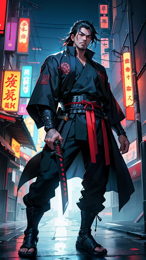 a close up of a man holding a katana in a city, very beautiful cyberpunk samurai, cyberpunk samurai, neon samurai, samurai jedi,...