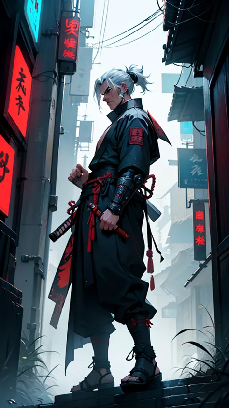 a close up of a man holding a katana in a city, very beautiful cyberpunk samurai, cyberpunk samurai, neon samurai, samurai jedi,...