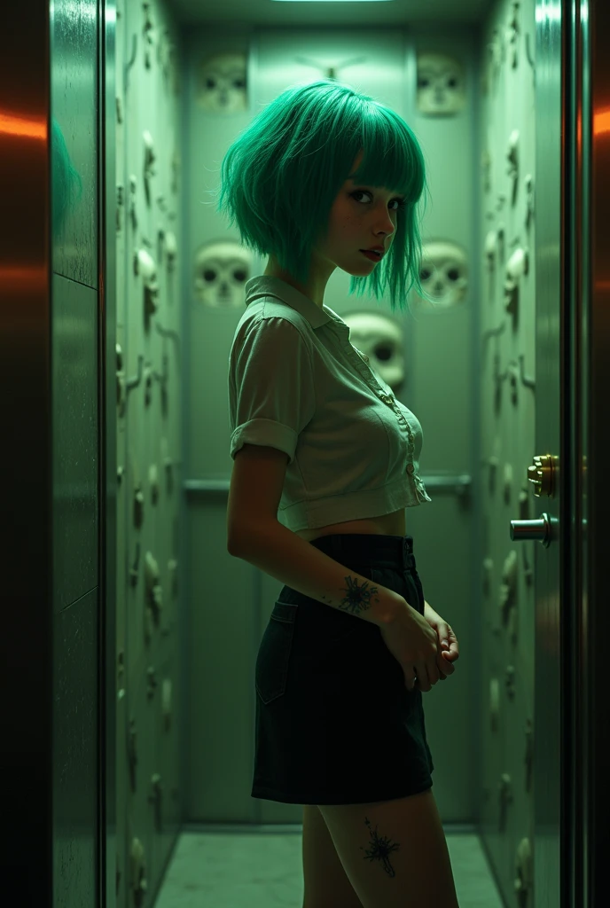 Third Person, from the side, A beautiful girl, 1 Girl, Green short hair, Slim figure with bangs, hot,Sexy office attire, Miniature skirt, High heel, photo-realistic, 4K, Surrealism, Very detailed, Intricate details, Scary lights, Movie, Halloween style, Vibrant colors, Dynamic poses, elevator, Skull, Cardigan top, Miniature skirt, Scars on arms