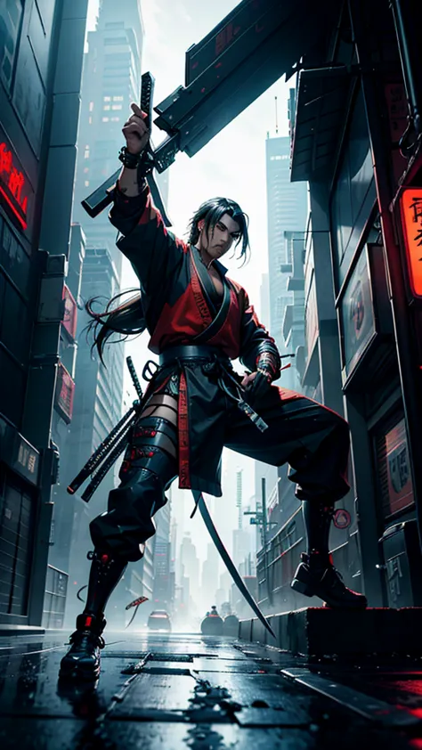 a close up of a man holding a long katana in a city, very beautiful cyberpunk samurai, cyberpunk samurai, neon samurai, samurai ...