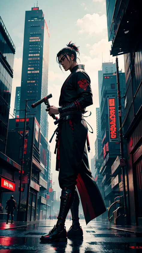 a close up of a man holding a long katana in a city, very beautiful cyberpunk samurai, cyberpunk samurai, neon samurai, samurai ...