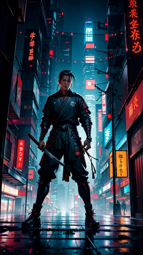 a close up of a man holding a long katana in a city, very beautiful cyberpunk samurai, cyberpunk samurai, neon samurai, samurai ...