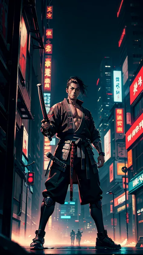 a close up of a man holding a long katana in a city, very beautiful cyberpunk samurai, cyberpunk samurai, neon samurai, samurai ...