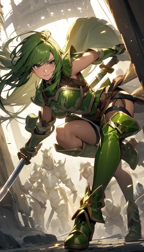 ultra-high definition image quality、beautiful girl、woman warrior、female swordsman、light armor、green boots、long hair、knight&#39;s...