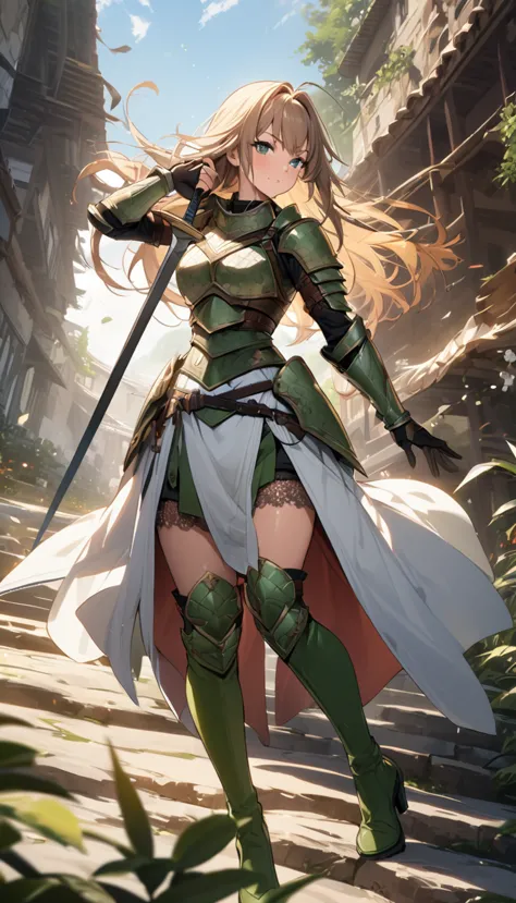 ultra-high definition image quality、beautiful girl、woman warrior、female swordsman、light armor、green boots、long hair、knight&#39;s...