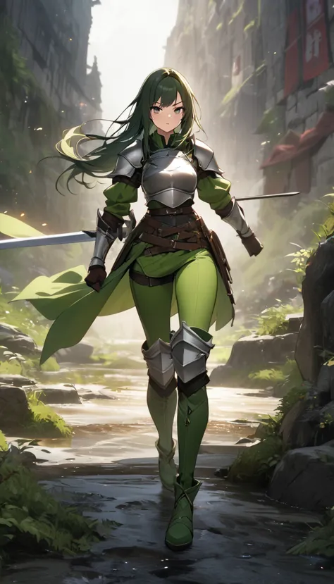 ultra-high definition image quality、beautiful girl、woman warrior、female swordsman、light armor、green boots、long hair、knight&#39;s...