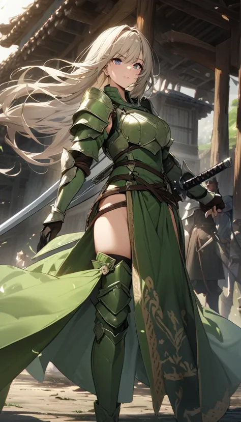 ultra-high definition image quality、beautiful girl、woman warrior、female swordsman、light armor、green boots、long hair、knight&#39;s...