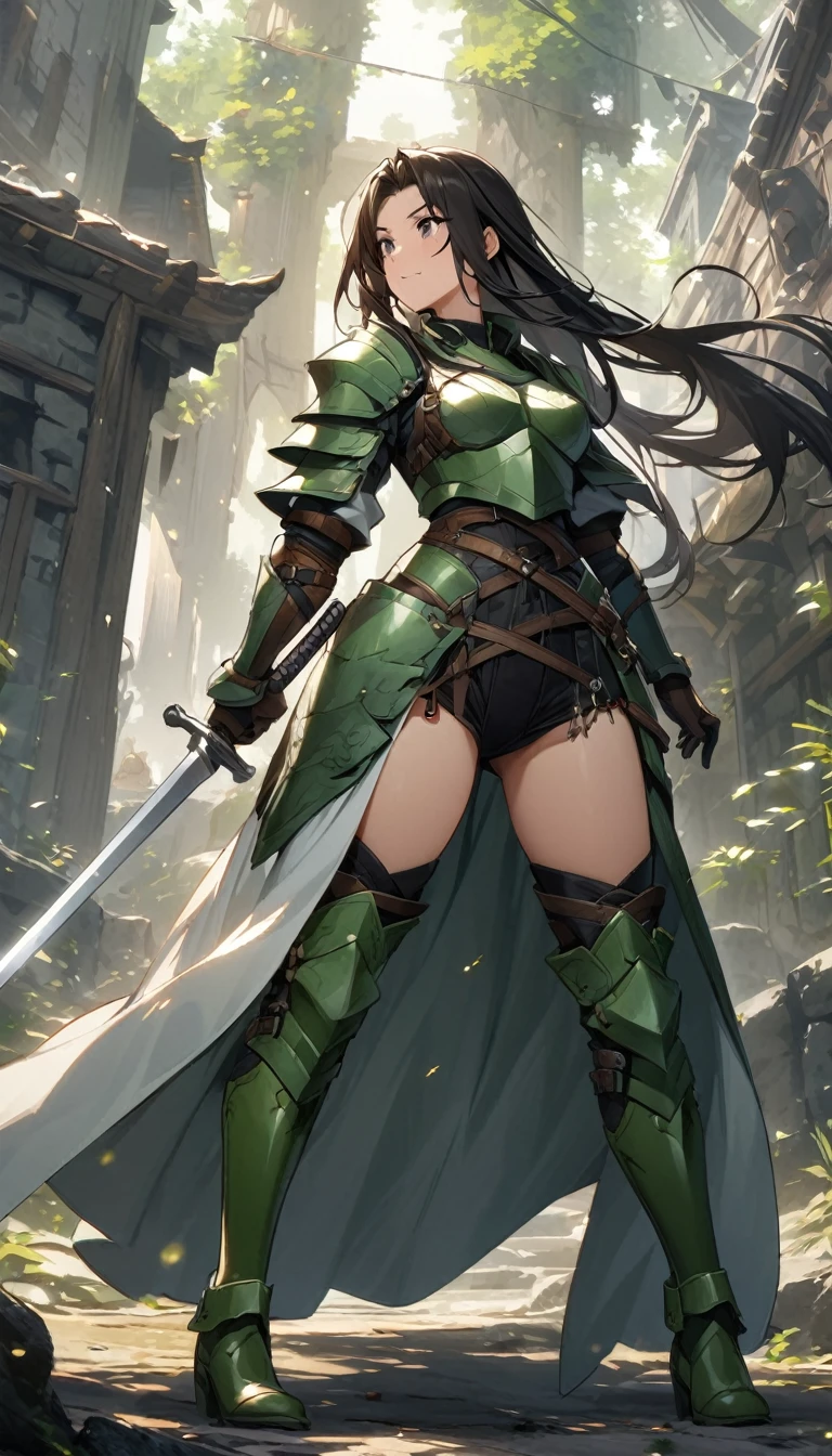 Ultra-high definition image quality、beautiful girl、Woman warrior、Female Swordsman、Light Armor、Green Boots、Long Hair、Knight&#39;s Hair Ornament、Black Hair、20-year-old、Be confident々face、Very short tight skirt、Sexy posture、Cowgirl、wilderness、Highest quality,Big Ass、Big Breasts、Thighs、god槍グングニルを握る、Black gorgeous embroidered lace panties、Kick off with your feet and jump、Joan of Arc style clothing、Wind King Barrier、Her hair is fluttering in the wind、The Sword of Promised Victory、god々Wearing a bright aura、Big Ass、Valkyrie the War Maiden、Crotch close-up、Angle from directly below、Steam is coming out of my crotch